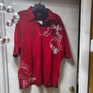 Men's Red Graphic Polo Shirt with White Scroll Details